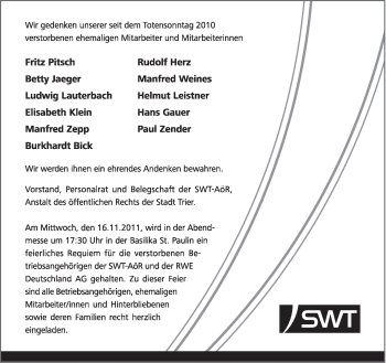 Traueranzeige von Elisabeth Klein von TRIERISCHER VOLKSFREUND