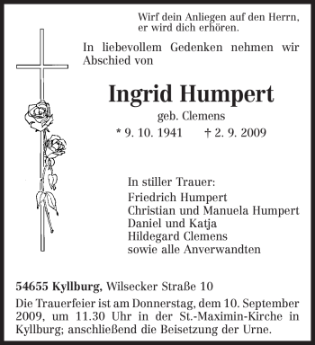 Traueranzeige von Ingrid Humpert von TRIERISCHER VOLKSFREUND