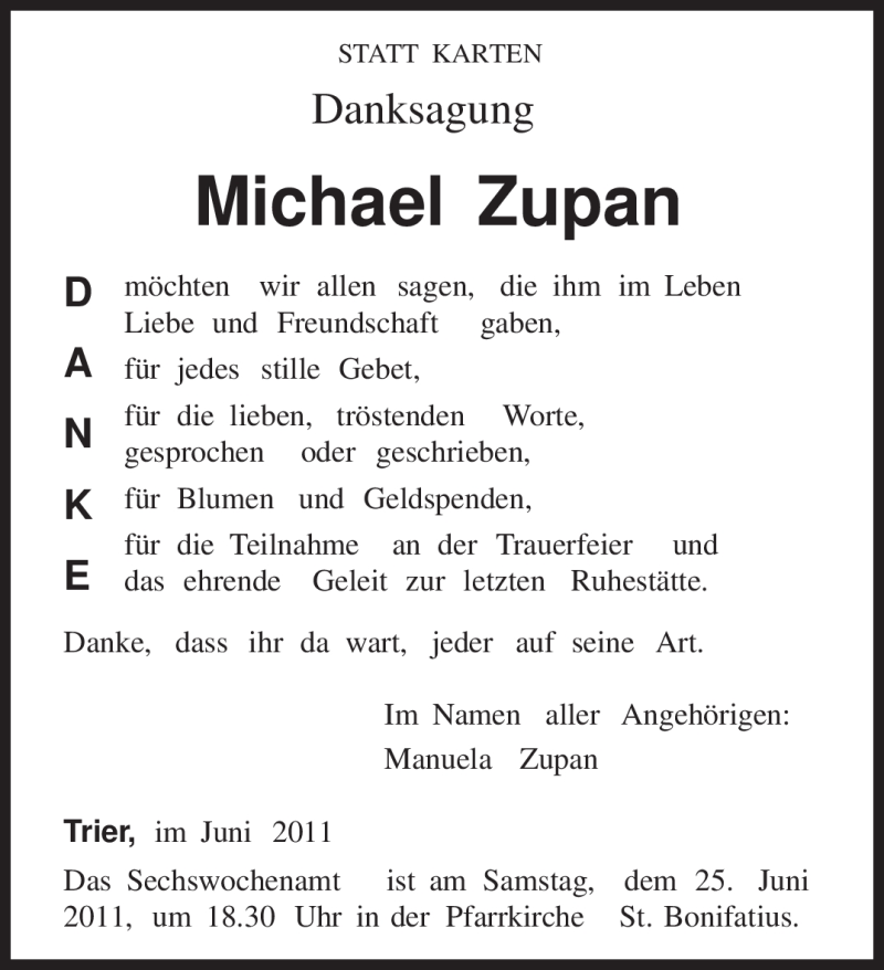  Traueranzeige für Michael Zupan vom 22.06.2011 aus TRIERISCHER VOLKSFREUND