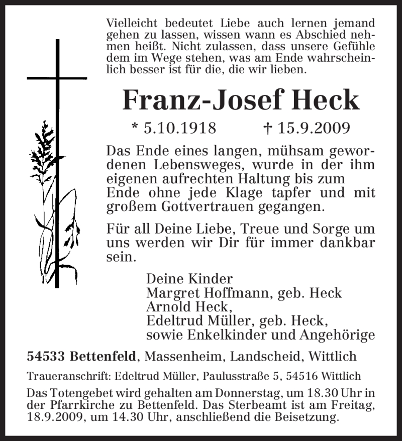  Traueranzeige für Franz-Josef Heck vom 17.09.2009 aus TRIERISCHER VOLKSFREUND