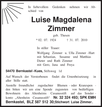 Traueranzeige von Luise Magdalena Zimmer von TRIERISCHER VOLKSFREUND