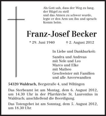 Traueranzeige von Franz-Josef Becker von TRIERISCHER VOLKSFREUND