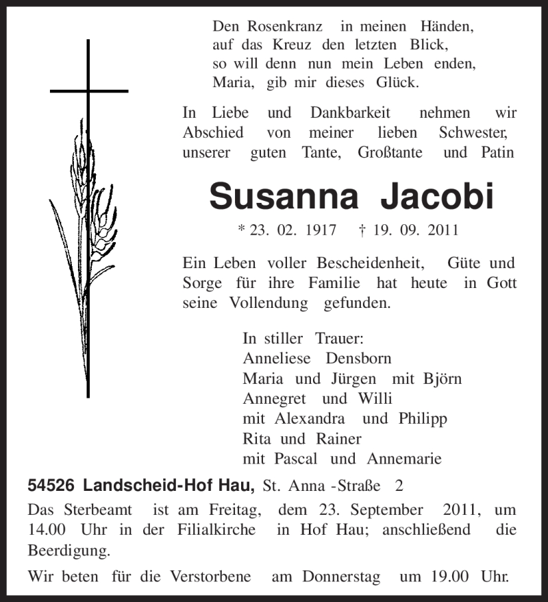  Traueranzeige für Susanna Jacobi vom 22.09.2011 aus TRIERISCHER VOLKSFREUND