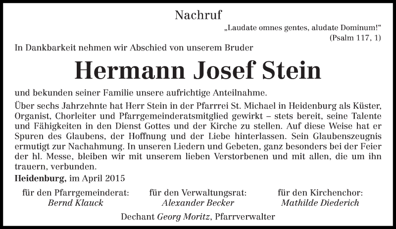 Traueranzeige für Hermann Josef Stein vom 04.04.2015 aus trierischer_volksfreund