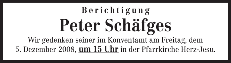  Traueranzeige für Peter Schäfges vom 03.12.2008 aus TRIERISCHER VOLKSFREUND