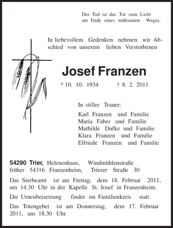 Traueranzeige von Josef Franzen von TRIERISCHER VOLKSFREUND