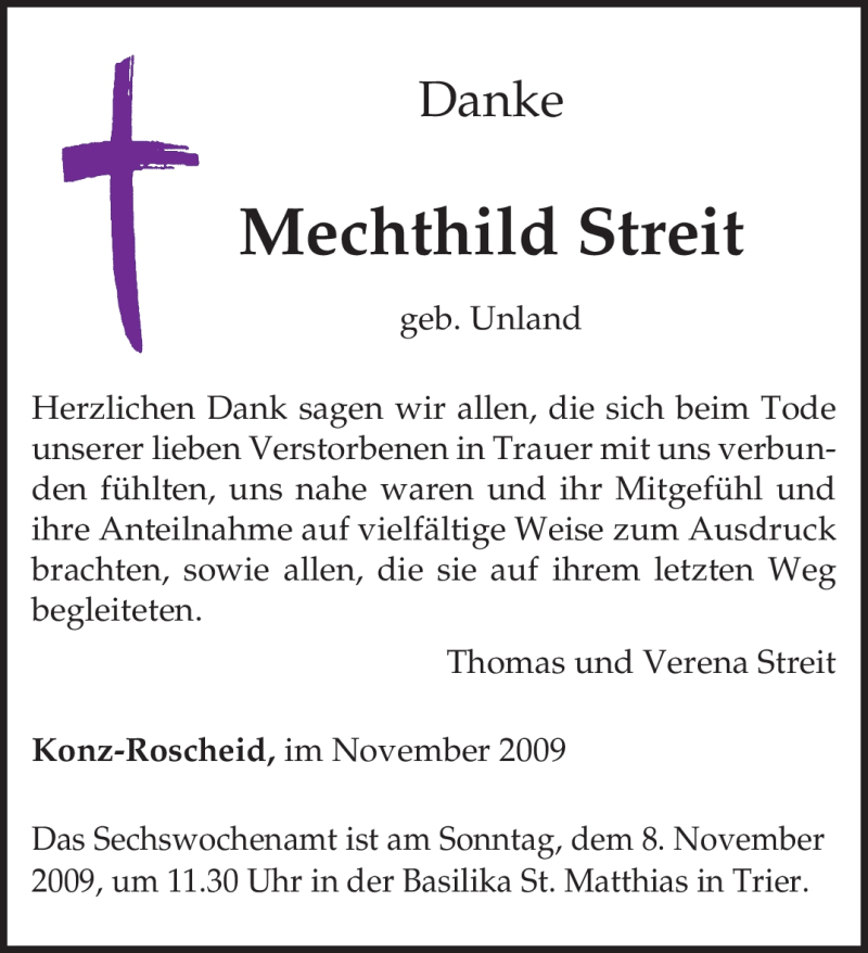  Traueranzeige für Mechthild Streit vom 04.11.2009 aus TRIERISCHER VOLKSFREUND