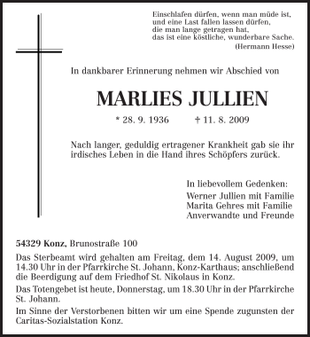 Traueranzeige von Marlies Jullien von TRIERISCHER VOLKSFREUND