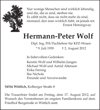 Traueranzeige von Hermann-Peter Wolf von TRIERISCHER VOLKSFREUND