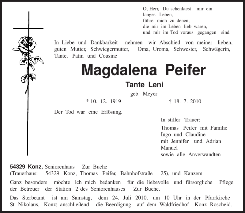  Traueranzeige für Magdalena Peifer vom 20.07.2010 aus TRIERISCHER VOLKSFREUND