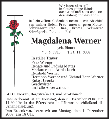 Traueranzeige von Magdalena Werner von TRIERISCHER VOLKSFREUND