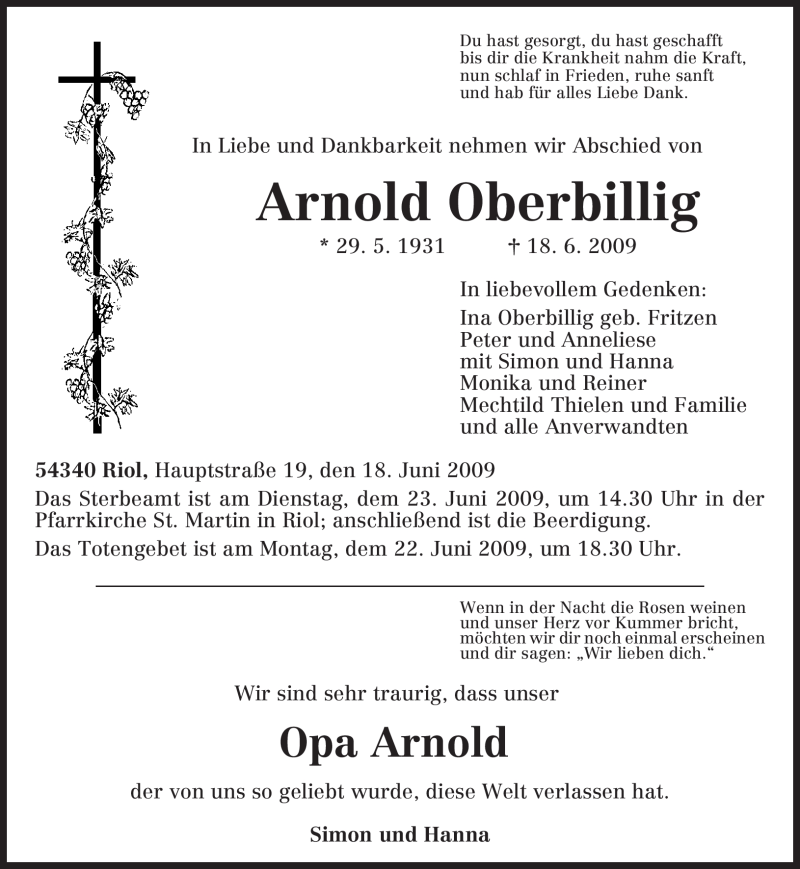  Traueranzeige für Arnold Oberbillig vom 20.06.2009 aus TRIERISCHER VOLKSFREUND