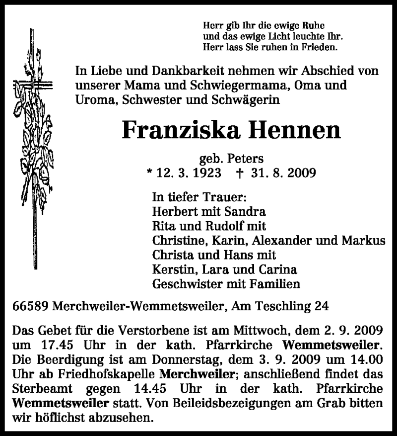  Traueranzeige für Franziska Hennen vom 01.09.2009 aus TRIERISCHER VOLKSFREUND