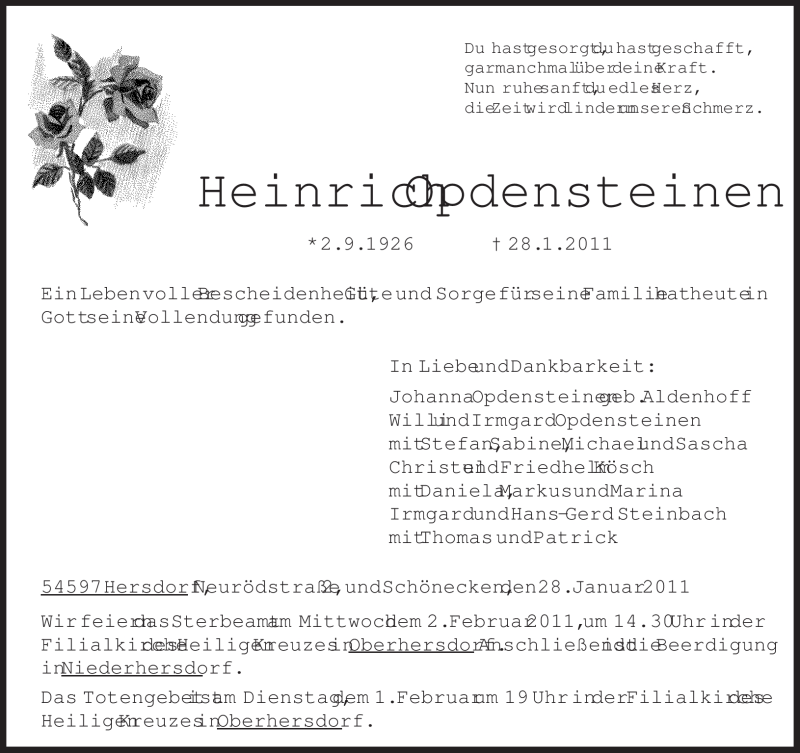  Traueranzeige für Heinrich Opdensteinen vom 31.01.2011 aus TRIERISCHER VOLKSFREUND