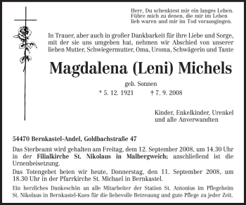 Traueranzeige von Magdalena Michels von TRIERISCHER VOLKSFREUND