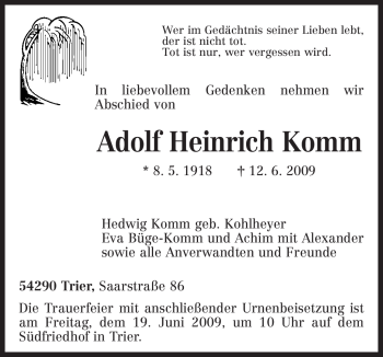 Traueranzeige von Adolf Heinrich Komm von TRIERISCHER VOLKSFREUND