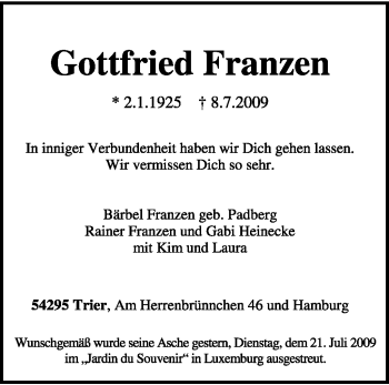 Traueranzeige von Gottfried Franzen von TRIERISCHER VOLKSFREUND
