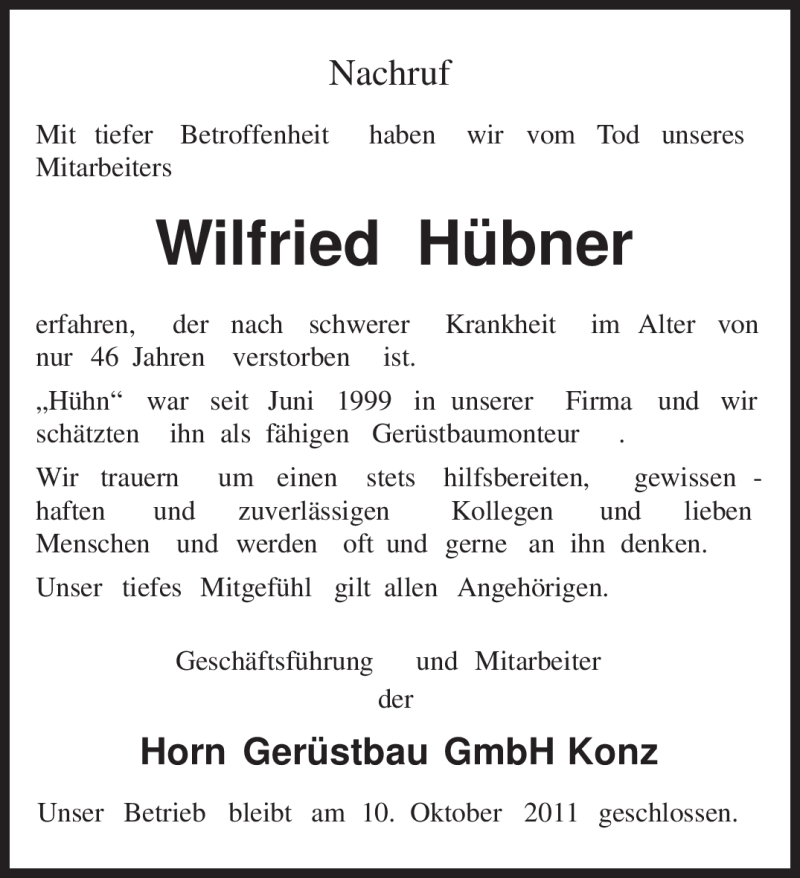  Traueranzeige für Wilfried Hübner vom 07.10.2011 aus TRIERISCHER VOLKSFREUND