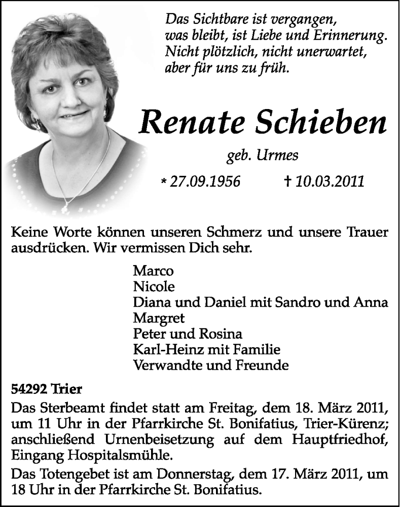  Traueranzeige für Renate Schieben vom 15.03.2011 aus TRIERISCHER VOLKSFREUND