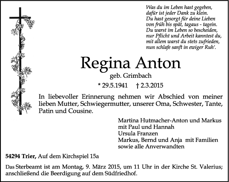  Traueranzeige für Regina Anton vom 05.03.2015 aus trierischer_volksfreund