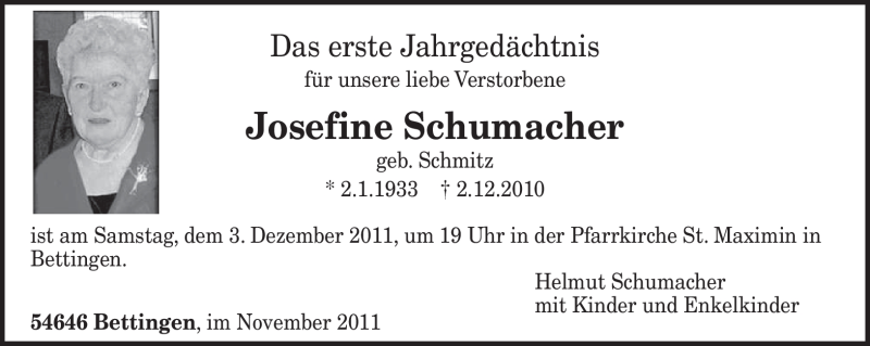  Traueranzeige für Josefine Schumacher vom 26.11.2011 aus TRIERISCHER VOLKSFREUND