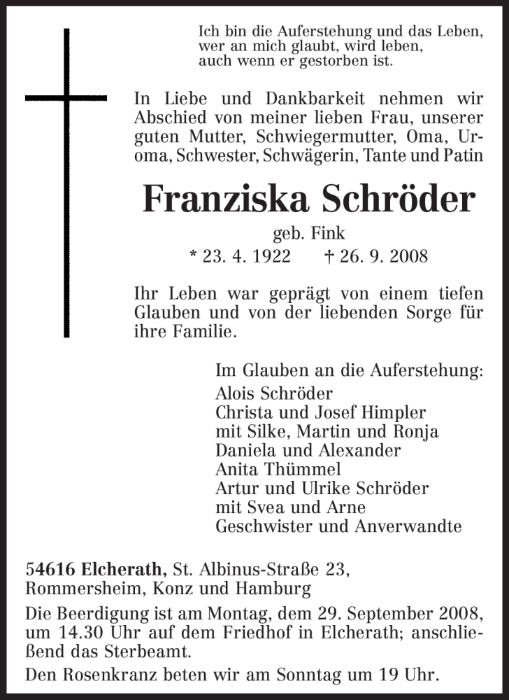  Traueranzeige für Franziska Schröder vom 27.09.2008 aus TRIERISCHER VOLKSFREUND
