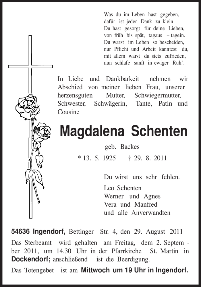  Traueranzeige für Magdalena Schenten vom 30.08.2011 aus TRIERISCHER VOLKSFREUND