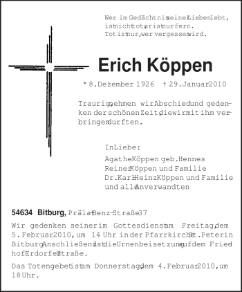 Traueranzeige von Erich Köppen von TRIERISCHER VOLKSFREUND