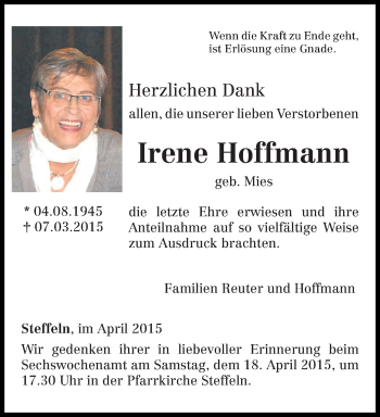 Traueranzeige von Irene Hoffmann von trierischer_volksfreund