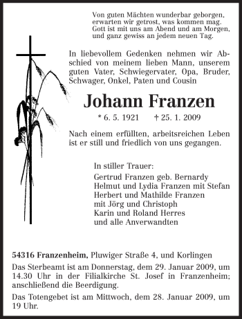 Traueranzeige von Johann Franzen von TRIERISCHER VOLKSFREUND