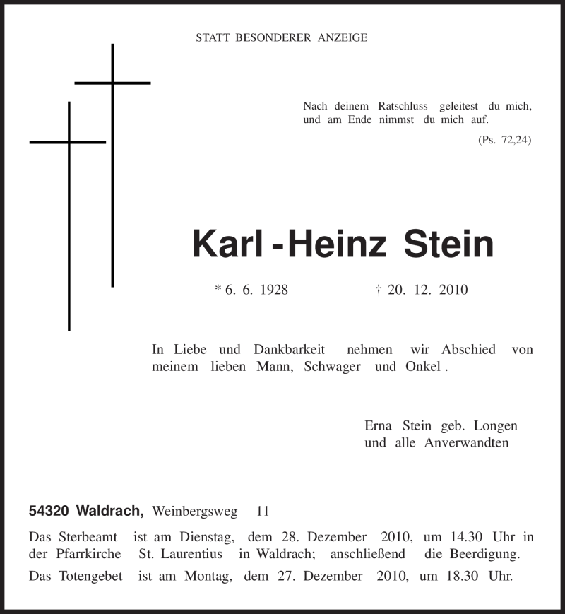  Traueranzeige für Karl - Heinz Stein vom 24.12.2010 aus TRIERISCHER VOLKSFREUND