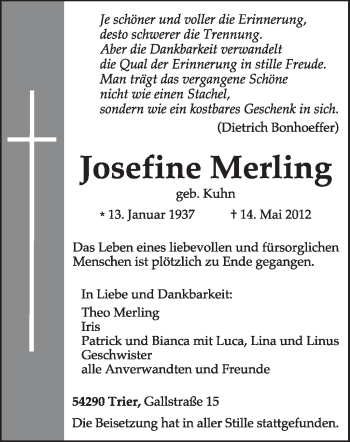 Traueranzeige von Josefine Merling von TRIERISCHER VOLKSFREUND