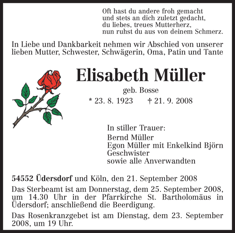  Traueranzeige für Elisabeth Müller vom 23.09.2008 aus TRIERISCHER VOLKSFREUND