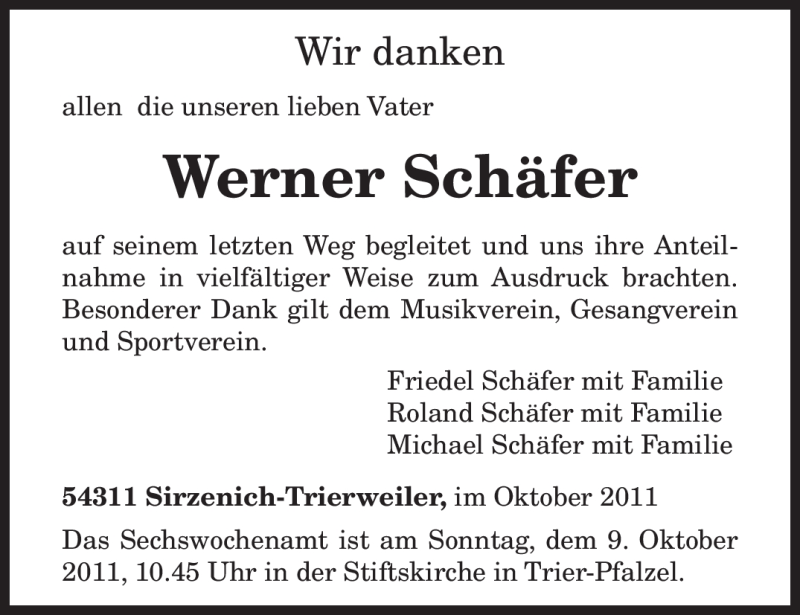  Traueranzeige für Werner Schäfer vom 07.10.2011 aus TRIERISCHER VOLKSFREUND