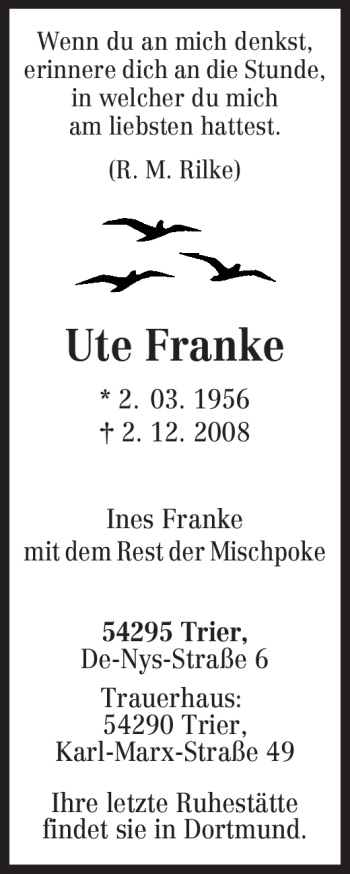 Traueranzeige von Ute Franke von TRIERISCHER VOLKSFREUND