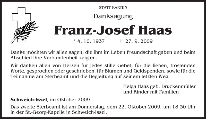  Traueranzeige für Franz-Josef Haas vom 21.10.2009 aus TRIERISCHER VOLKSFREUND