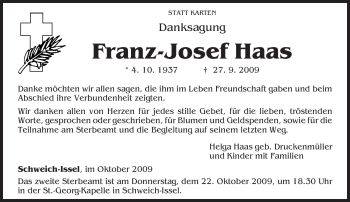 Traueranzeige von Franz-Josef Haas von TRIERISCHER VOLKSFREUND