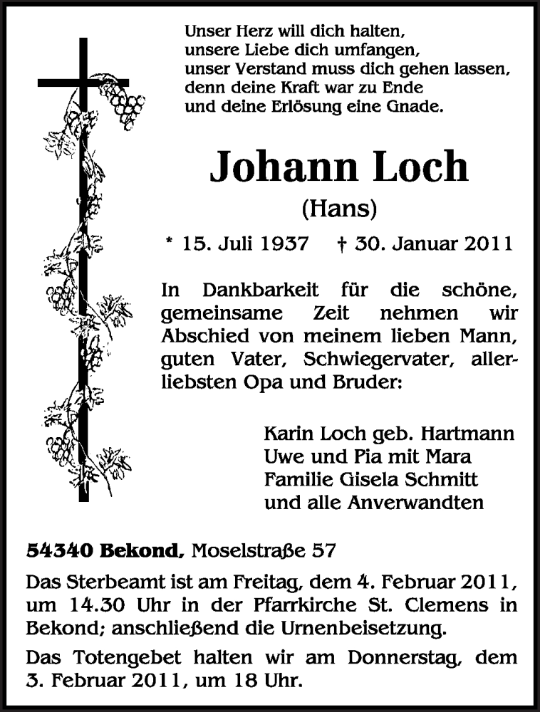  Traueranzeige für Johann Loch vom 01.02.2011 aus TRIERISCHER VOLKSFREUND