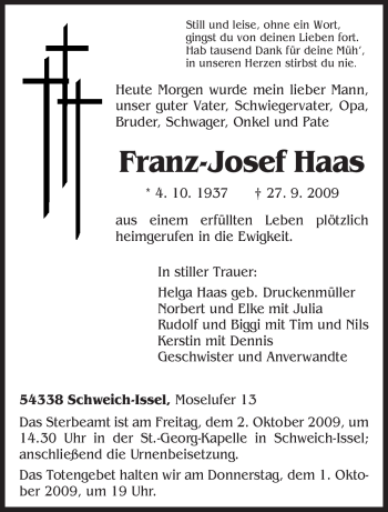 Traueranzeige von Franz-Josef Haas von TRIERISCHER VOLKSFREUND