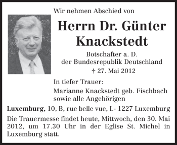 Traueranzeigen von Günter Knackstedt | Volksfreund.Trauer.de