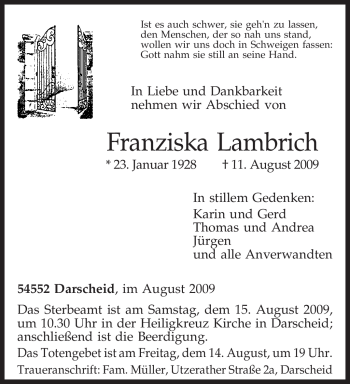 Traueranzeige von Franziska Lambrich von TRIERISCHER VOLKSFREUND
