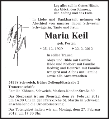 Traueranzeige von Maria Keil von TRIERISCHER VOLKSFREUND
