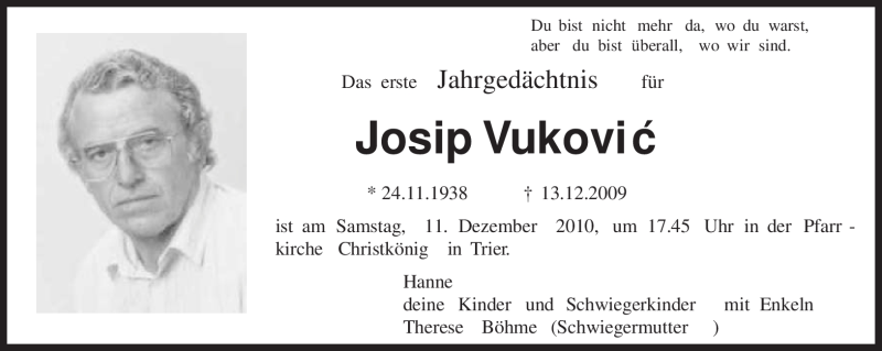  Traueranzeige für Josip Vukovic vom 08.12.2010 aus TRIERISCHER VOLKSFREUND