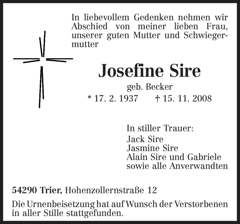  Traueranzeige für Josefine Sire vom 21.11.2008 aus TRIERISCHER VOLKSFREUND