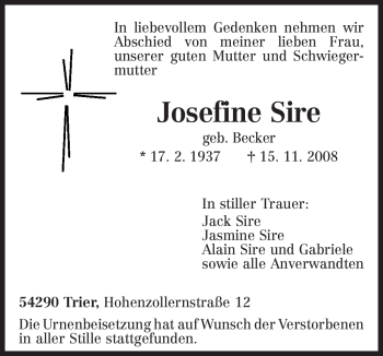 Traueranzeige von Josefine Sire von TRIERISCHER VOLKSFREUND