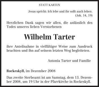 Traueranzeige von Wilhelm Tarter von TRIERISCHER VOLKSFREUND