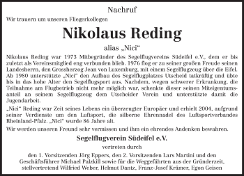 Traueranzeige von Nikolaus Reding von TRIERISCHER VOLKSFREUND