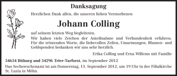 Traueranzeige von Johann Colling von TRIERISCHER VOLKSFREUND
