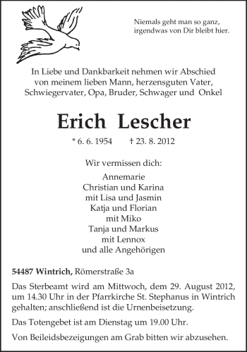 Traueranzeige von Erich Lecher von TRIERISCHER VOLKSFREUND