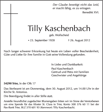Traueranzeige von Tilly Kaschenbach von TRIERISCHER VOLKSFREUND